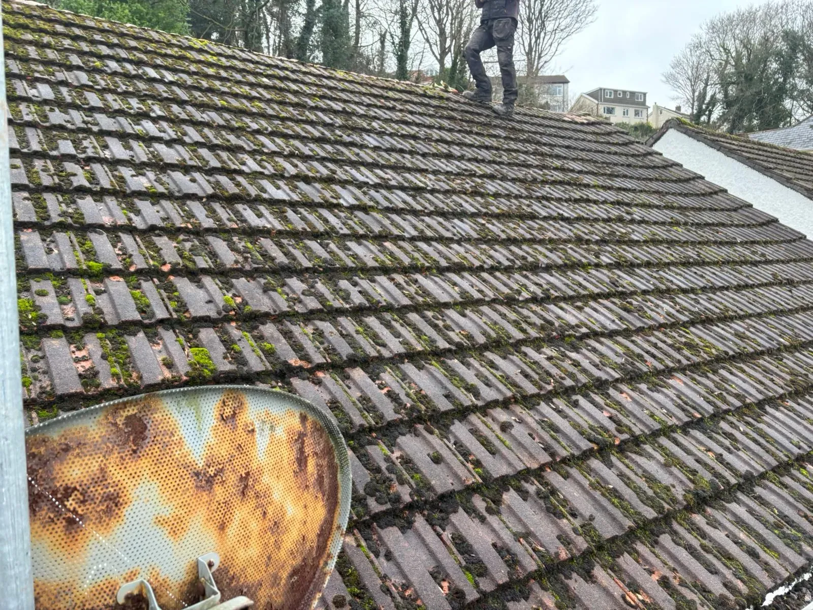 A roofer inspecting a moss-covered tiled roof in Gloucestershire